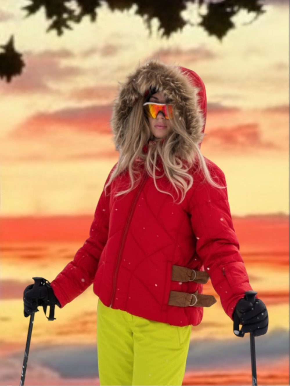 Flash Sale!!Women's Red Ski Jacket with Fur Trimmed Hood